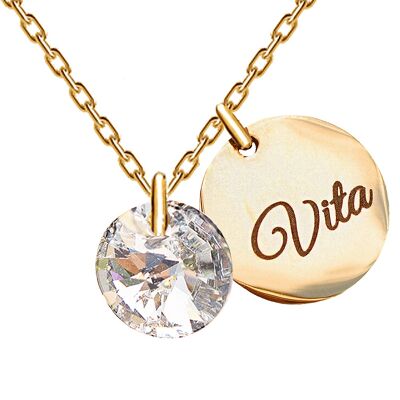 Necklace with personalized engraved word medallion - gold - Crystal