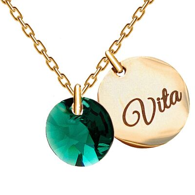 Necklace with personalized engraved word medallion - gold - emerald