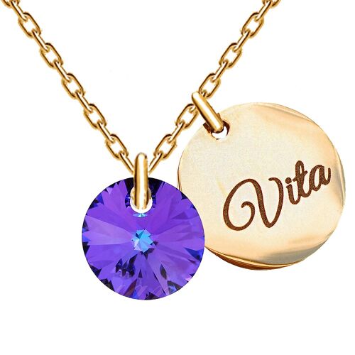 Necklace with personalized engraved word medallion - gold - heliotrope