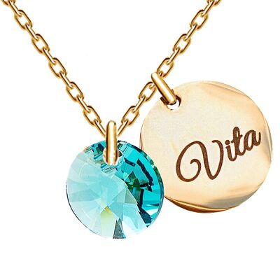 Necklace with personalized engraved word medallion - silver - aquamarine