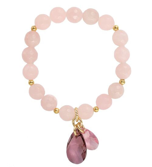 Natural semi -precious stone bracelet, two drops - gold - rose quartz - for love and tenderness - m
