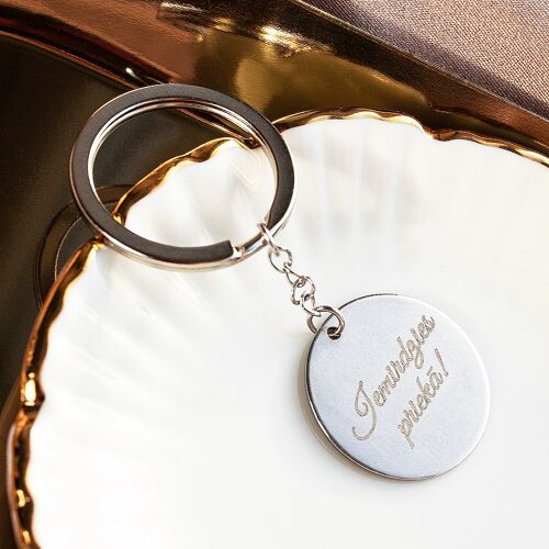Key Spring with Personalized engraved medallion - silver
