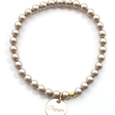 Pulsera pequeña de perlas con medallón de palabra personalizado - Oro - Almendra - S