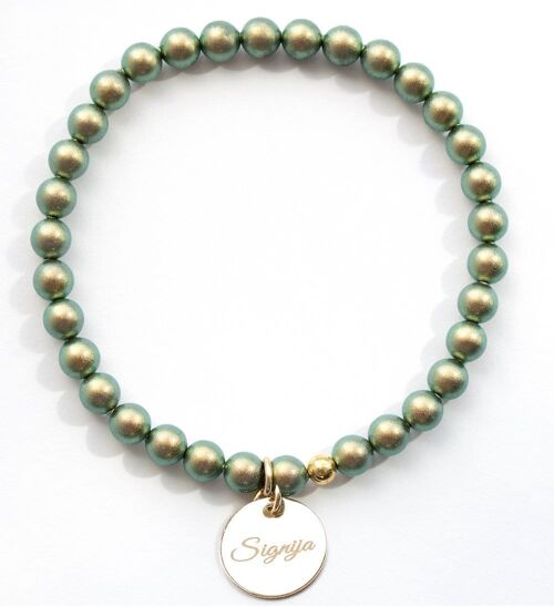 Small Pearl Bracelet With Personalized Word Medallion - Gold - Irid Green - S