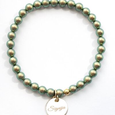 Bracelet Petites Perles Médaillon Mot Personnalisé - Doré - Vert Irid - S