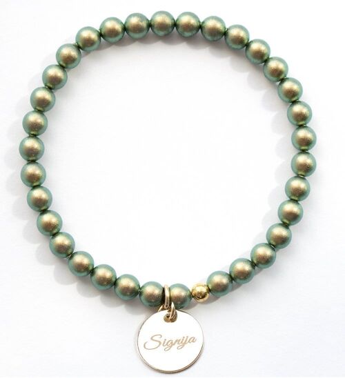 Small Pearl Bracelet With Personalized Word Medallion - Gold - Irid Green - M