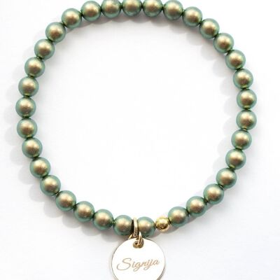 Small Pearl Bracelet With Personalized Word Medallion - Gold - Irid Green - L