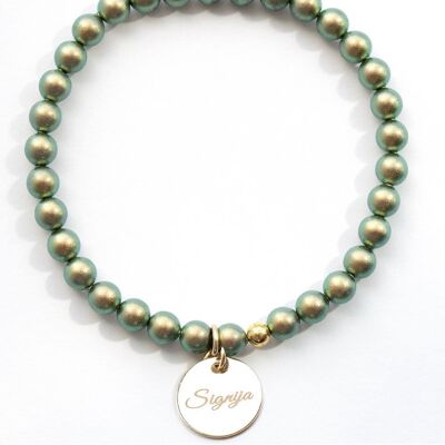 Small Pearl Bracelet With Personalized Word Medallion - Gold - Irid Green - L