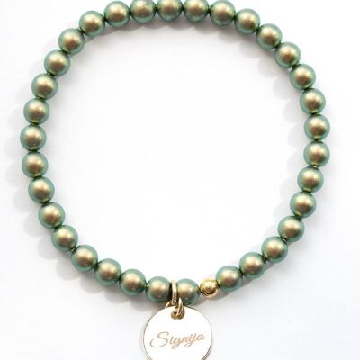 Bracelet Petite Perle Médaillon Mot Personnalisé - Doré - Vert Irid - L