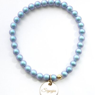Small Pearl Bracelet With Personalized Word Medallion - Gold - Irid Light Blue - S
