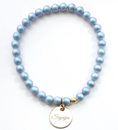 Small Pearl Bracelet With Personalized Word Medallion - Gold - Irid Light Blue - M