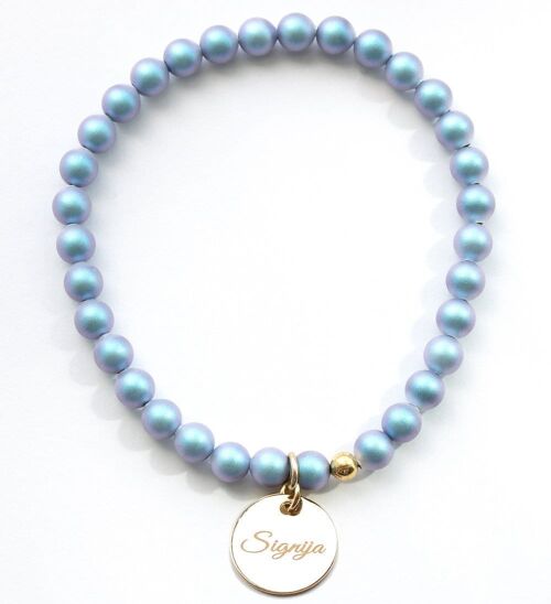 Small Pearl Bracelet With Personalized Word Medallion - Gold - Irid Light Blue - L