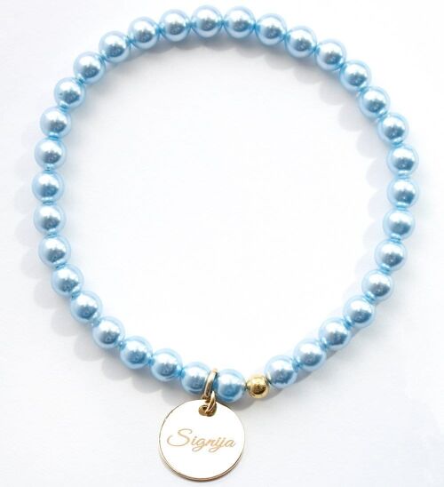 Small Pearl Bracelet With Personalized Word Medallion - Gold - Light Blue - S