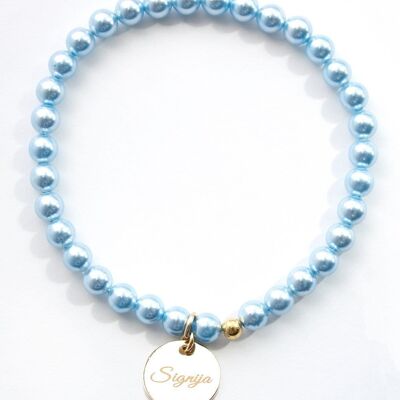 Bracciale Perla Piccola Con Medaglione Parola Personalizzata - Oro - Azzurro - M