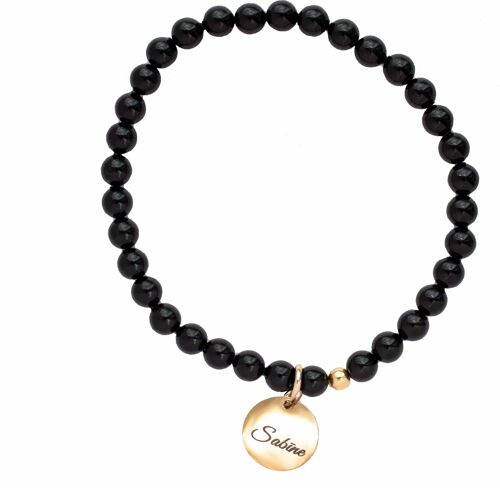 Small Pearl Bracelet With Personalized Word Medallion - Gold - Mystic Black - M