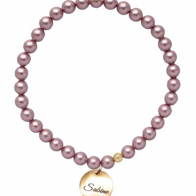 Pulsera pequeña de perlas con medallón de palabra personalizado - oro - Rosa polvo - S