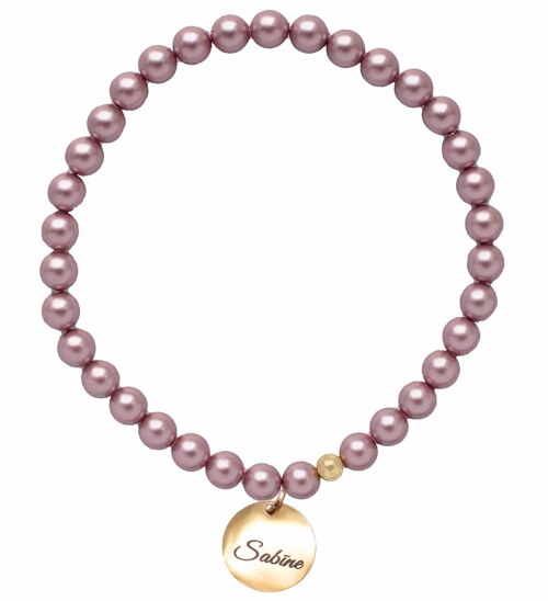 Small Pearl Bracelet With Personalized Word Medallion - Gold - Powder Rose - L