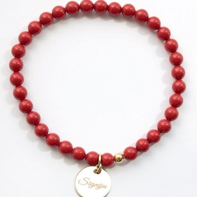 Pulsera pequeña de perlas con medallón de palabra personalizado - oro - Coral rojo - s
