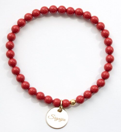 Small Pearl Bracelet With Personalized Word Medallion - Gold - Red Coral - L
