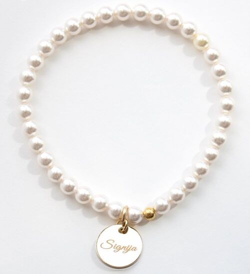 Small Pearl Bracelet With Personalized Word Medallion - Gold - White - L