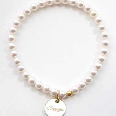 Small Pearl Bracelet With Personalized Word Medallion - Gold - White - L