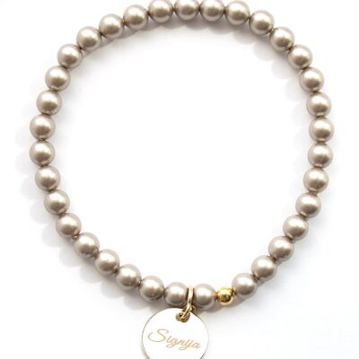 Small Pearl Bracelet With Personalized Word Medallion - Silver - Almond - L