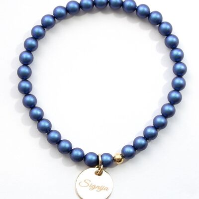 Small Pearl Bracelet With Personalized Word Medallion - Silver - Irid Dark Blue - L