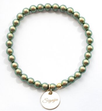 Bracelet Petite Perle Médaillon Mot Personnalisé - Argent - Vert Irid - M 1