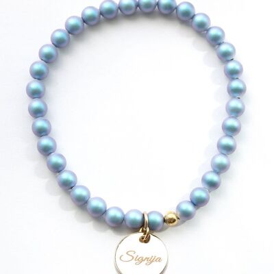 Small Pearl Bracelet With Personalized Word Medallion - Silver - Irid Light Blue - L