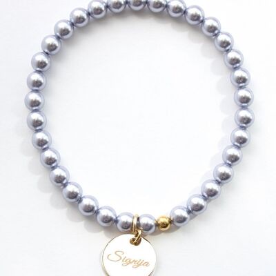 Small Pearl Bracelet With Personalized Word Medallion - Silver - Lavender - L