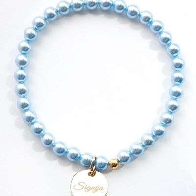 Small Pearl Bracelet With Personalized Word Medallion - Silver - Light Blue - S