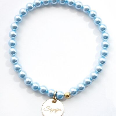 Kleines Perlenarmband mit personalisiertem Wortmedaillon - Silber - Hellblau - M