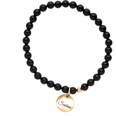 Pulsera pequeña de perlas con medallón de palabra personalizado - plata - negro místico - s