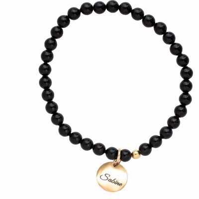 Small Pearl Bracelet With Personalized Word Medallion - Silver - Mystic Black - L