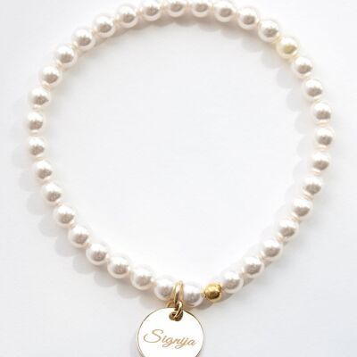 Small Pearl Bracelet With Personalized Word Medallion - Silver - White - L