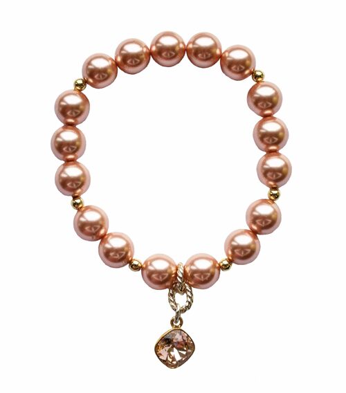 Pearl bracelet with diamond -shaped pendant - gold - rose peach - s