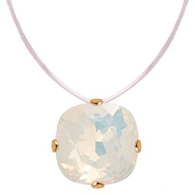 Invisible necklace, 10mm square crystal - gold - White Opal