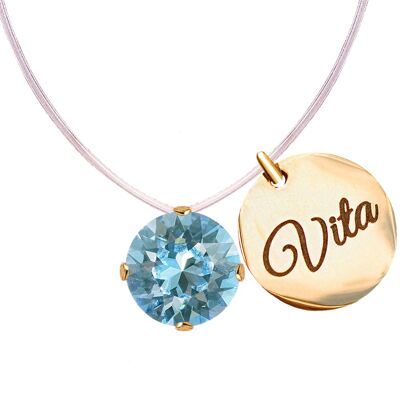 Invisible necklace with personalized word medallion - gold - Aquamarine