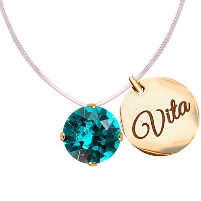 Invisible necklace with personalized word medallion - gold - Blue Zircon