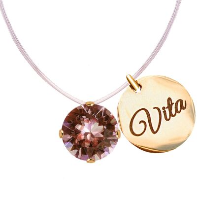 Invisible necklace with personalized word medallion - gold - blush Rose