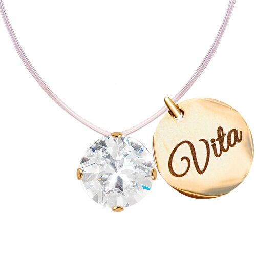 Invisible necklace with personalized word medallion - gold - Crystal