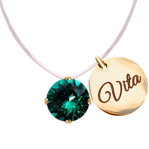 Invisible necklace with personalized word medallion - gold - emerald