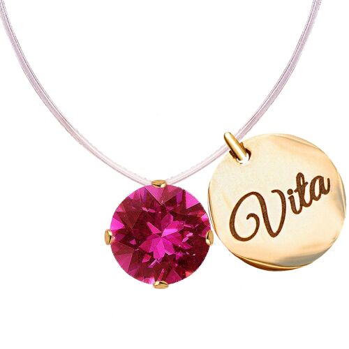 Invisible necklace with personalized word medallion - gold - fuchsia