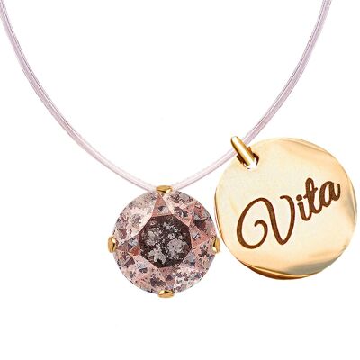 Invisible necklace with personalized word medallion - gold - Rose Patina