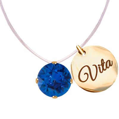 Invisible necklace with a personalized word medallion - gold - saphire