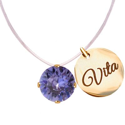 Invisible necklace with personalized word medallion - gold - tanzanite
