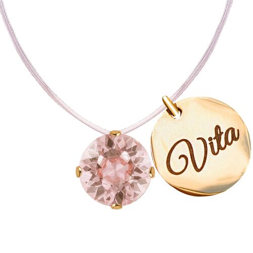 Invisible necklace with personalized word medallion - gold - vintage rose