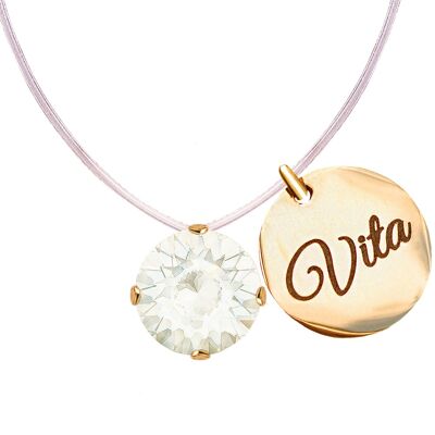 Invisible necklace with personalized word medallion - gold - White Opal