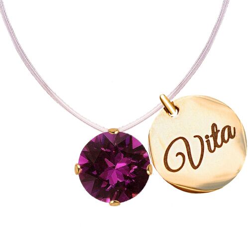 Invisible necklace with personalized word medallion - silver - amethyst