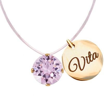 Invisible Necklace with Personalized Word Medallion - Silver - Light Amethyst